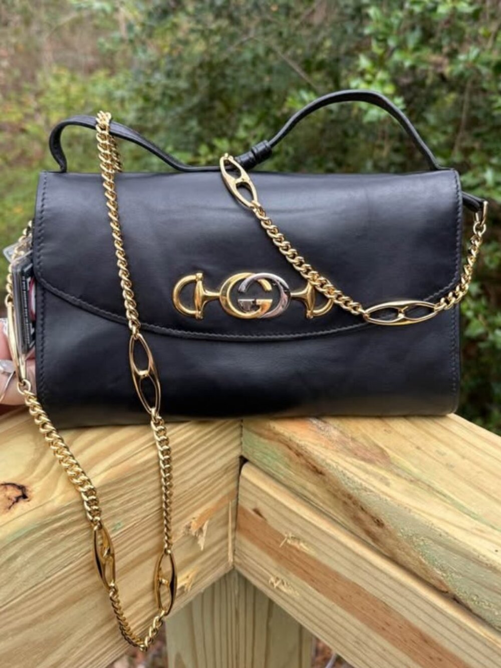 Gucci Zumi Black Horsebit GG Top Handle Crossbody Chain Bag Purse